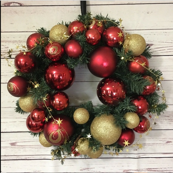 Vintage Other - Christmas Ball Ornament Wreath 18" Red & Gold